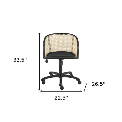 Beige and Black Solid Wood Steel And Cane Rattan Adjustable Swivel Rolling Office Chair HomeRoots