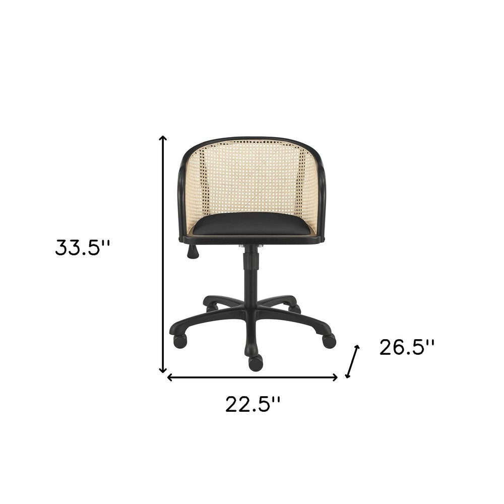 Beige and Black Solid Wood Steel And Cane Rattan Adjustable Swivel Rolling Office Chair HomeRoots