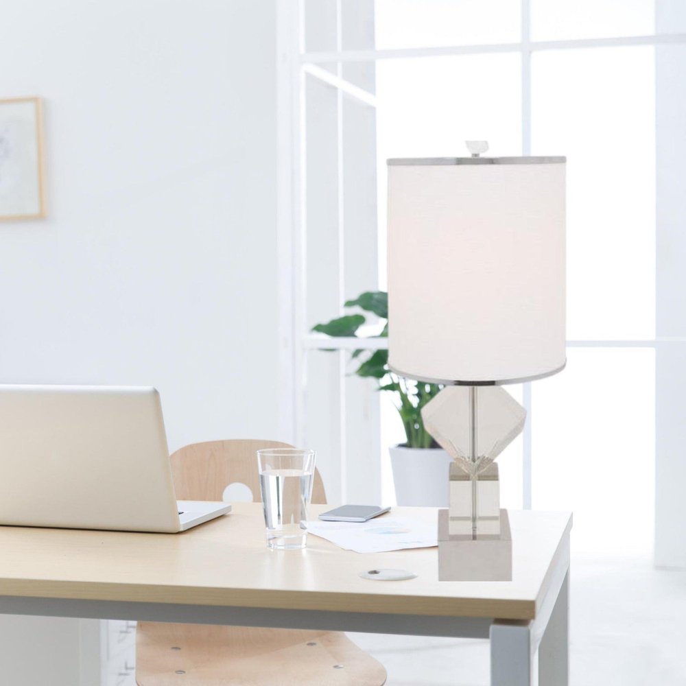 31" Clear And Silver Faux Crystal Geometric Table Lamp LED With White Drum Shade HomeRoots