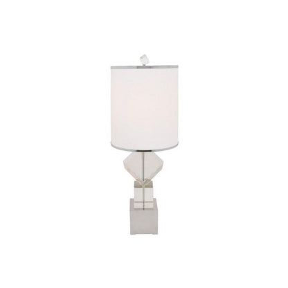 31" Clear And Silver Faux Crystal Geometric Table Lamp LED With White Drum Shade HomeRoots