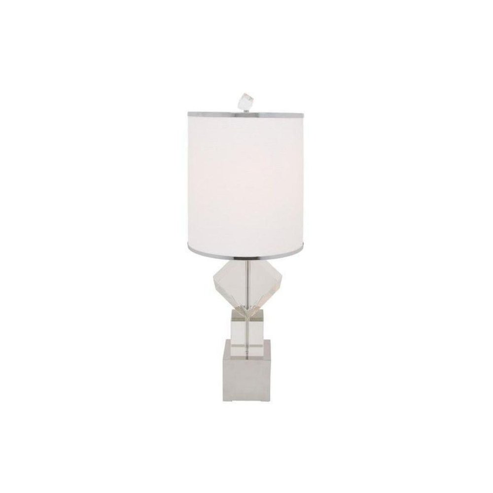 31" Clear And Silver Faux Crystal Geometric Table Lamp LED With White Drum Shade HomeRoots