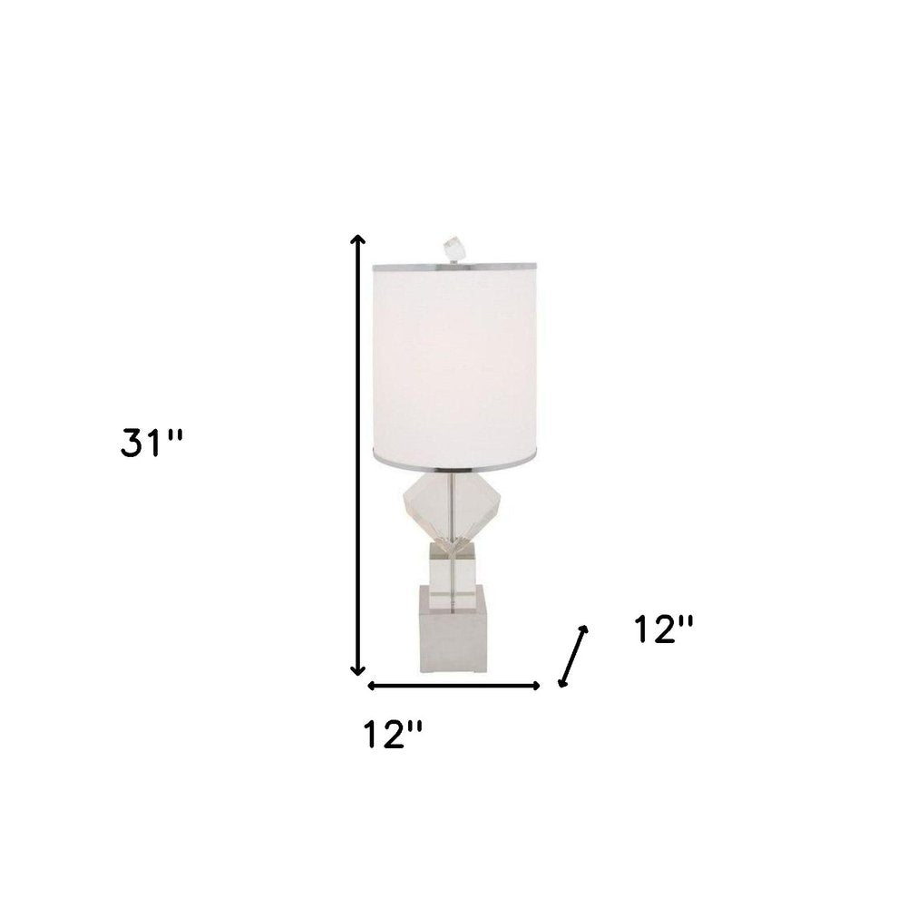 31" Clear And Silver Faux Crystal Geometric Table Lamp LED With White Drum Shade HomeRoots
