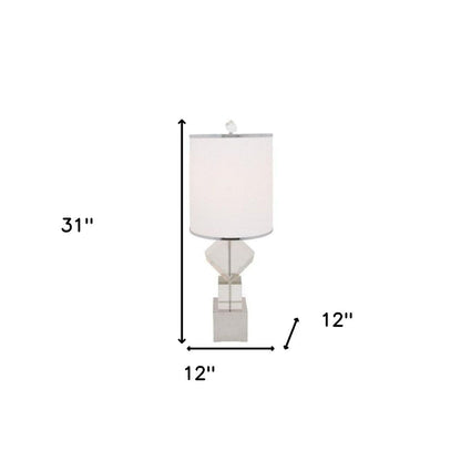 31" Clear And Silver Faux Crystal Geometric Table Lamp LED With White Drum Shade HomeRoots
