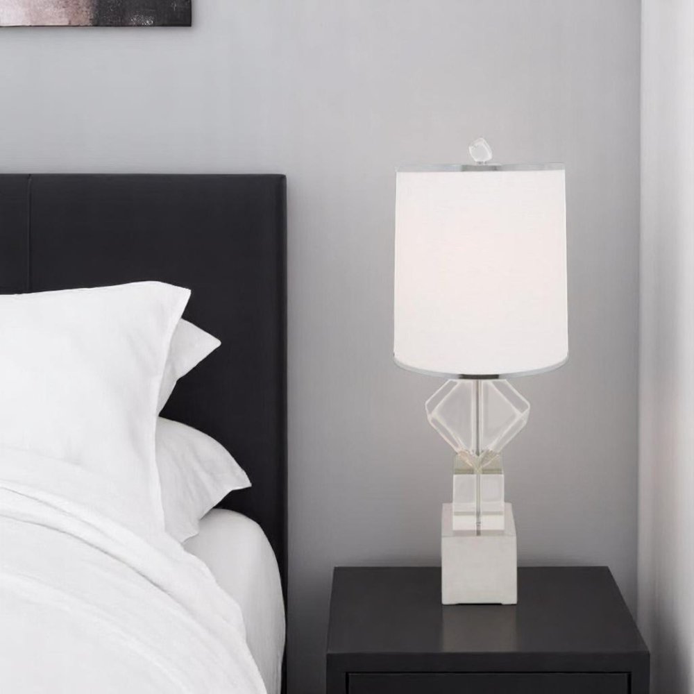31" Clear And Silver Faux Crystal Geometric Table Lamp LED With White Drum Shade HomeRoots