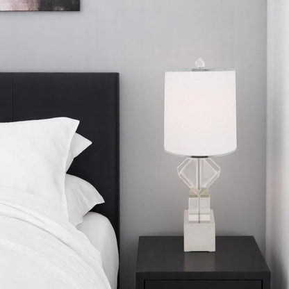 31" Clear And Silver Faux Crystal Geometric Table Lamp LED With White Drum Shade HomeRoots