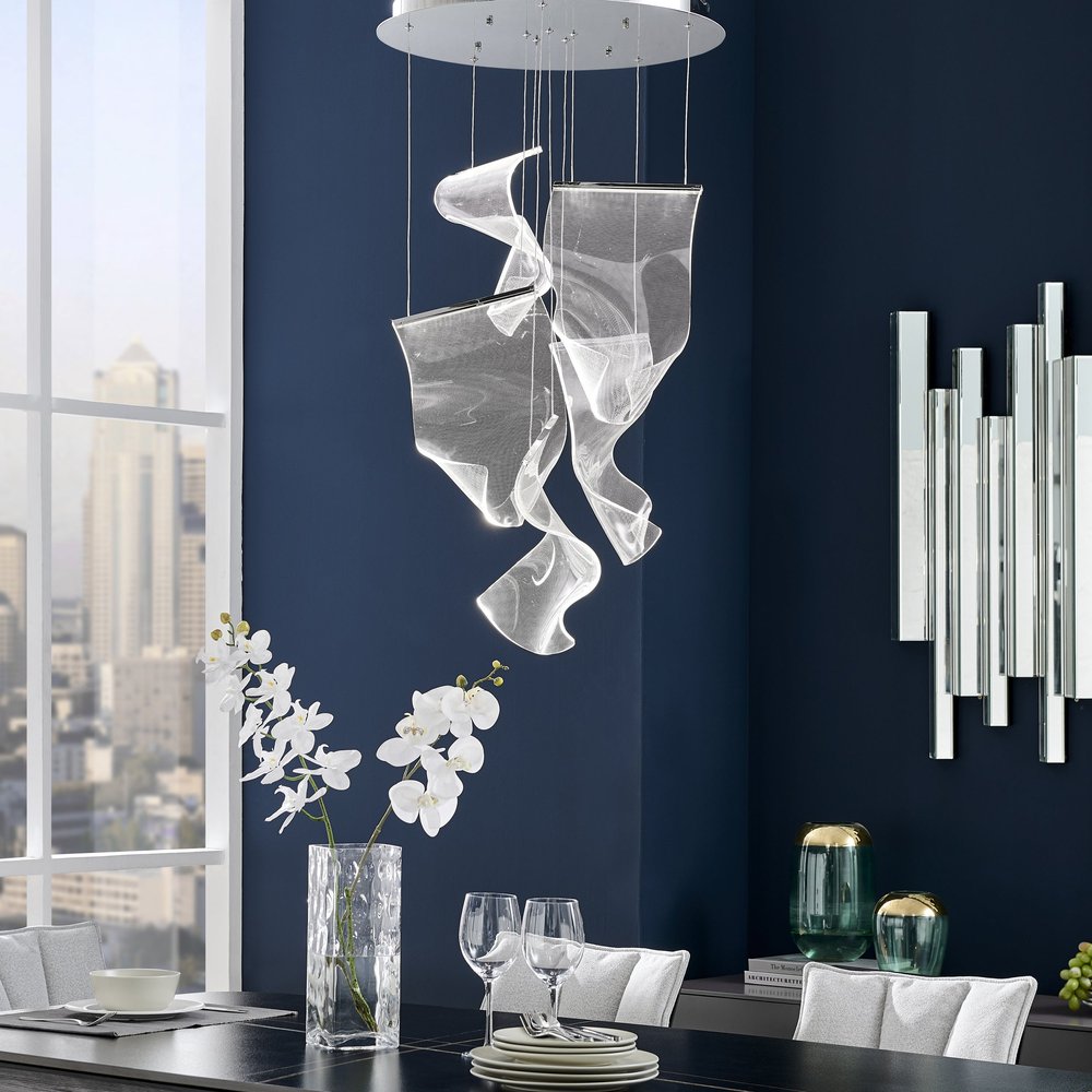 Silver And Clear Five Light Metal LED Dimmable Chandelier With Clear Shades HomeRoots
