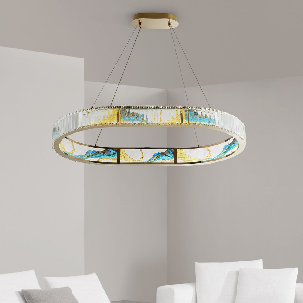 Gold Clear And Blue Geometric Crystal LED Chandelier HomeRoots