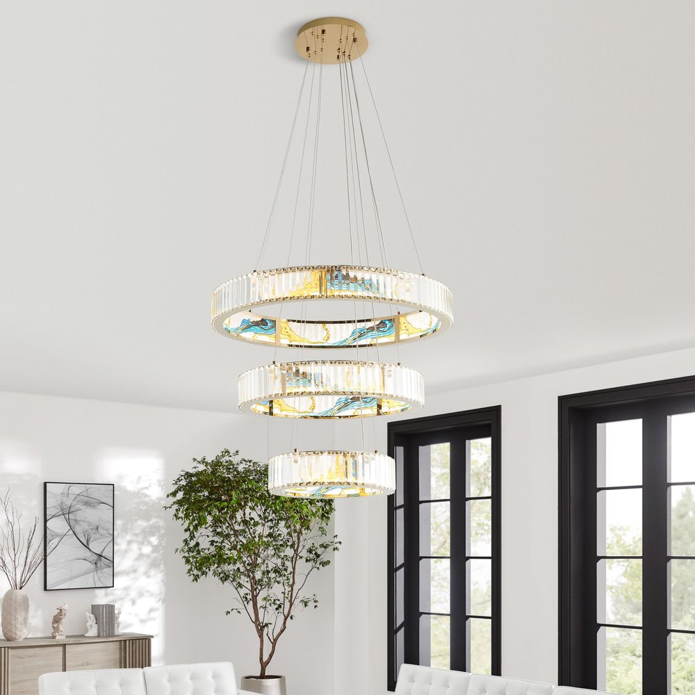 Gold Clear And Blue Geometric Three Light Crystal LED Chandelier HomeRoots