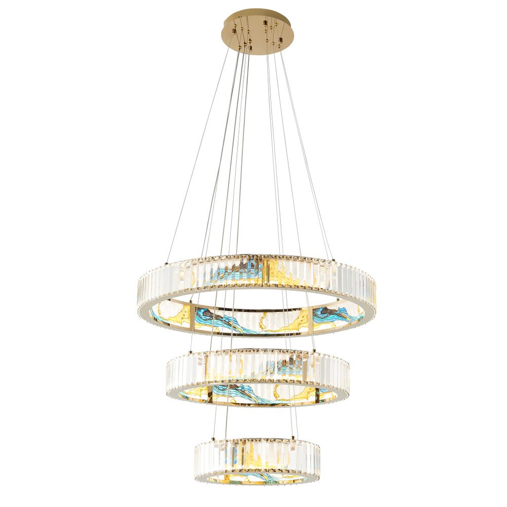 Gold Clear And Blue Geometric Three Light Crystal LED Chandelier HomeRoots