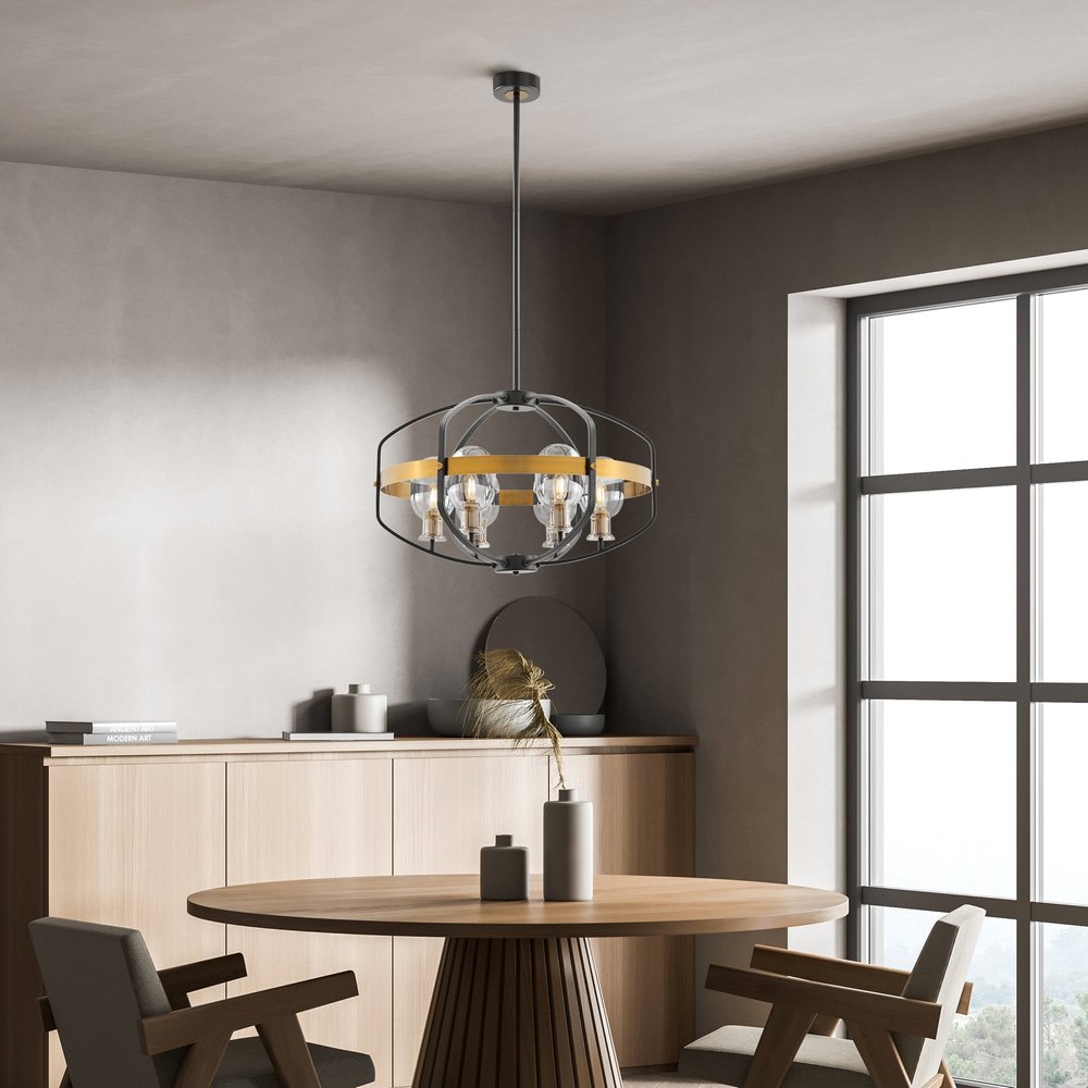 Black Gold And Clear Eight Light Transparent Metal Edison Bulb Dimmable Chandelier With Black And Gold Shades HomeRoots