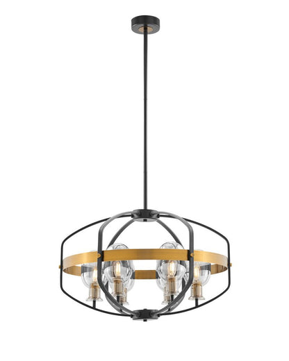 Black Gold And Clear Eight Light Transparent Metal Edison Bulb Dimmable Chandelier With Black And Gold Shades HomeRoots