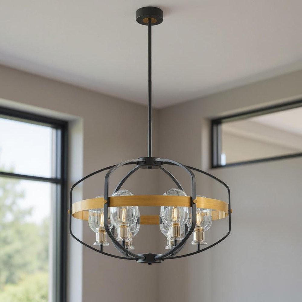 Black Gold And Clear Eight Light Transparent Metal Edison Bulb Dimmable Chandelier With Black And Gold Shades HomeRoots