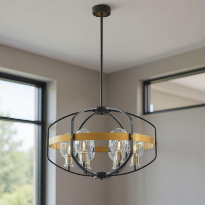 Black Gold And Clear Eight Light Transparent Metal Edison Bulb Dimmable Chandelier With Black And Gold Shades HomeRoots