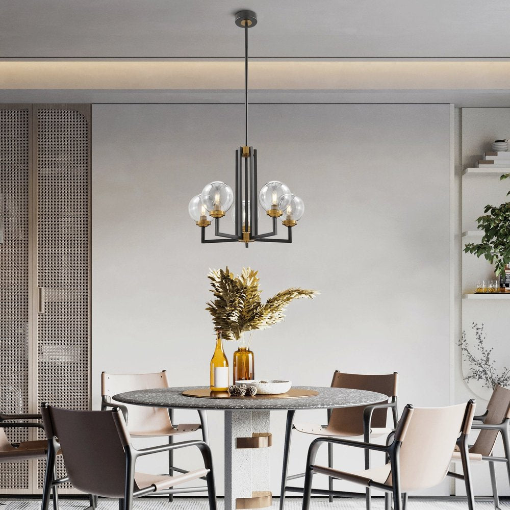 Black Gold And Clear Five Light Transparent Metal Edison Bulb Dimmable Chandelier With Black And Gold Shades HomeRoots