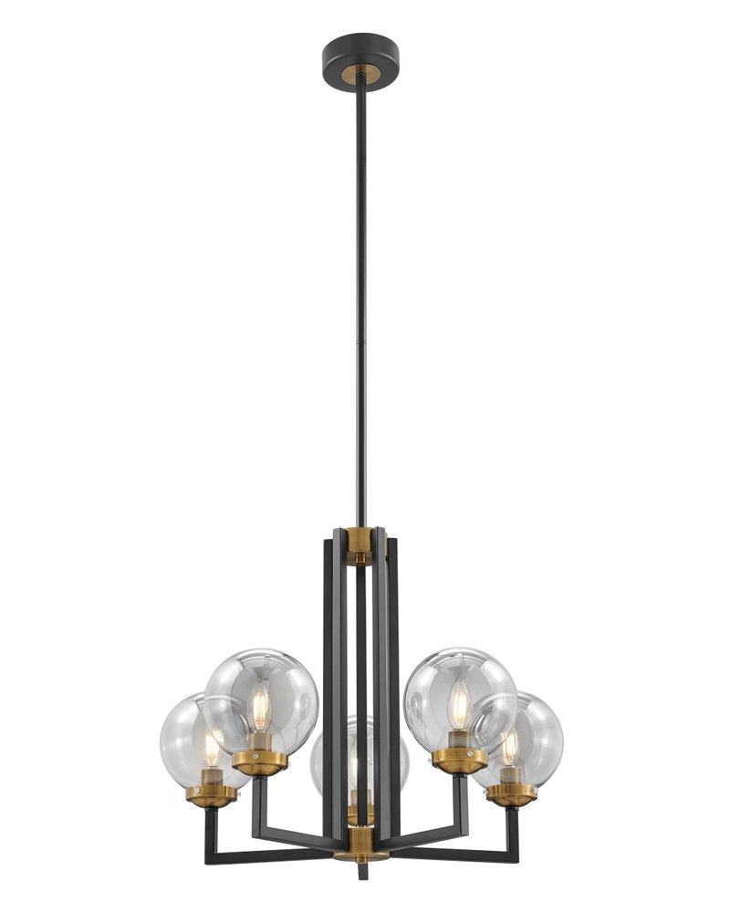 Black Gold And Clear Five Light Transparent Metal Edison Bulb Dimmable Chandelier With Black And Gold Shades HomeRoots