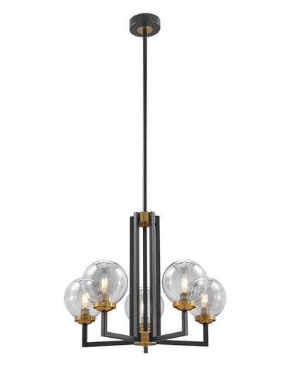 Black Gold And Clear Five Light Transparent Metal Edison Bulb Dimmable Chandelier With Black And Gold Shades HomeRoots