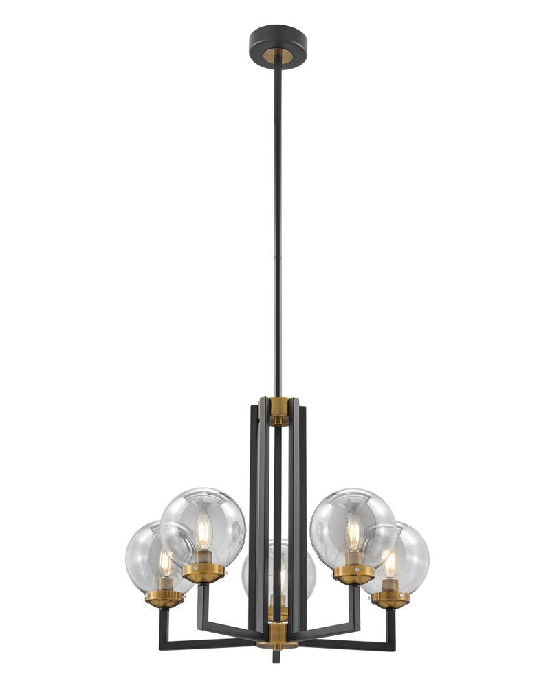 Black Gold And Clear Five Light Transparent Metal Edison Bulb Dimmable Chandelier With Black And Gold Shades HomeRoots