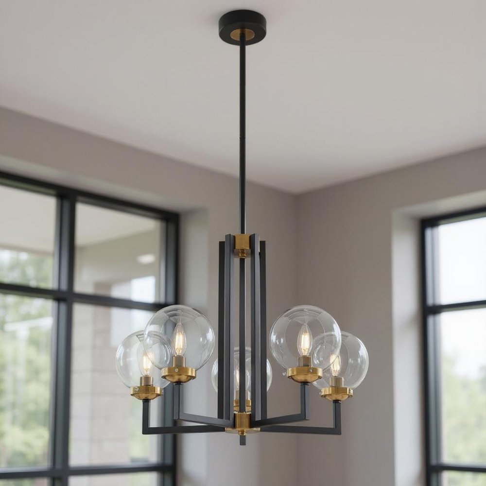 Black Gold And Clear Five Light Transparent Metal Edison Bulb Dimmable Chandelier With Black And Gold Shades HomeRoots