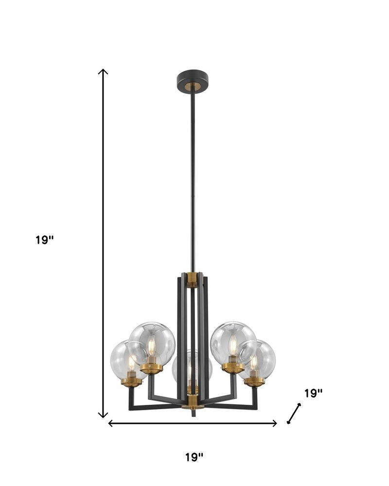 Black Gold And Clear Five Light Transparent Metal Edison Bulb Dimmable Chandelier With Black And Gold Shades HomeRoots