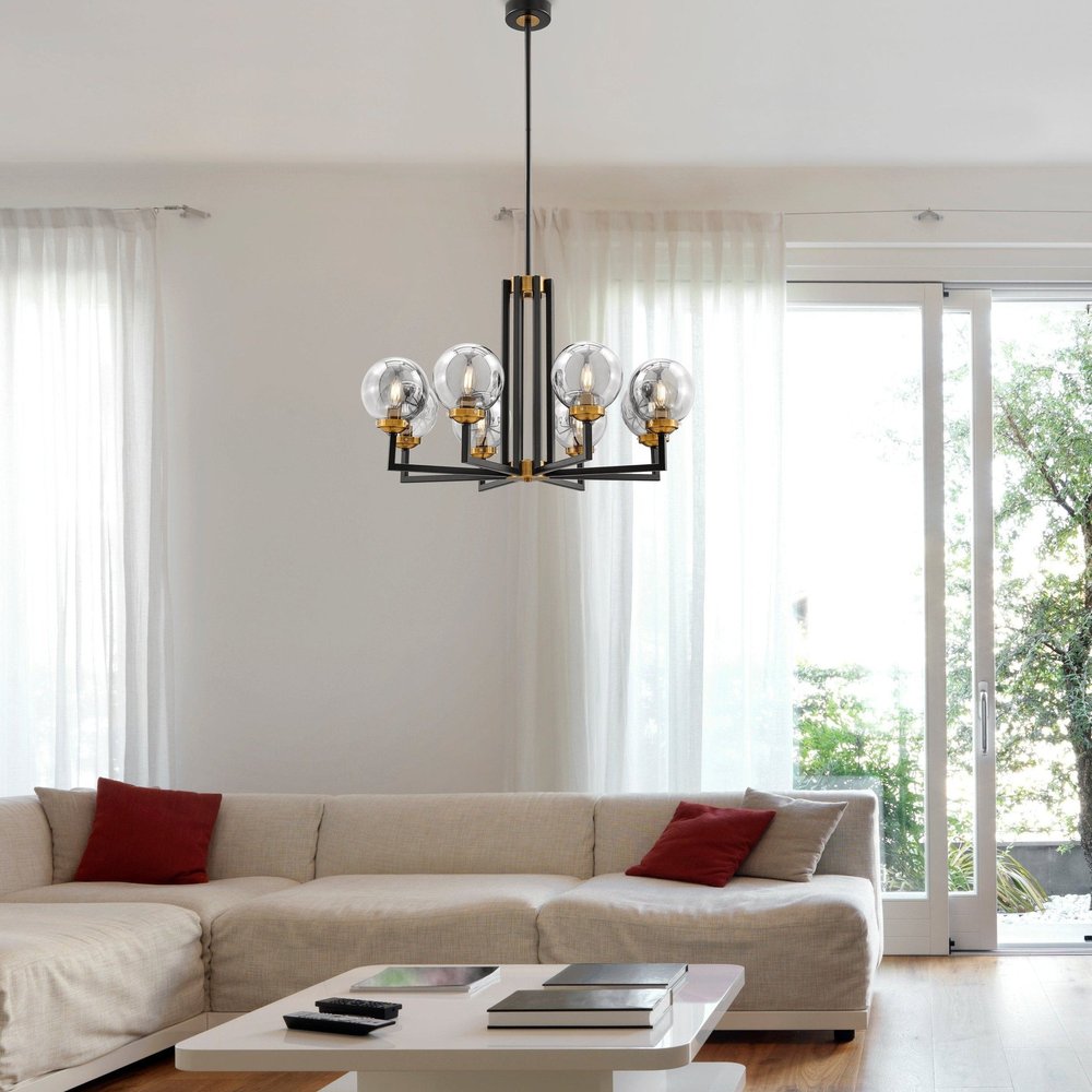 Black Gold And Clear Eight Light Transparent Metal Edison Bulb Dimmable Chandelier With Black And Gold Shades HomeRoots