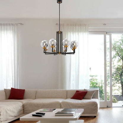 Black Gold And Clear Eight Light Transparent Metal Edison Bulb Dimmable Chandelier With Black And Gold Shades HomeRoots