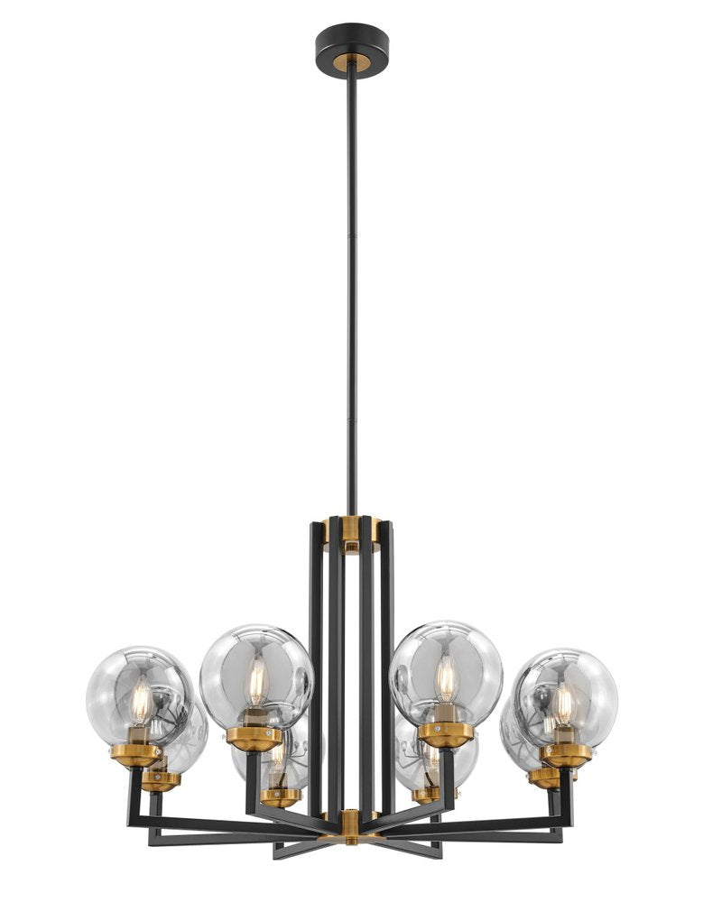 Black Gold And Clear Eight Light Transparent Metal Edison Bulb Dimmable Chandelier With Black And Gold Shades HomeRoots