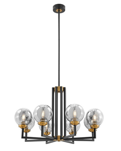Black Gold And Clear Eight Light Transparent Metal Edison Bulb Dimmable Chandelier With Black And Gold Shades HomeRoots