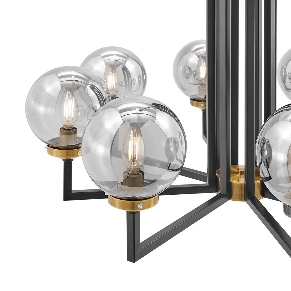 Black Gold And Clear Eight Light Transparent Metal Edison Bulb Dimmable Chandelier With Black And Gold Shades HomeRoots