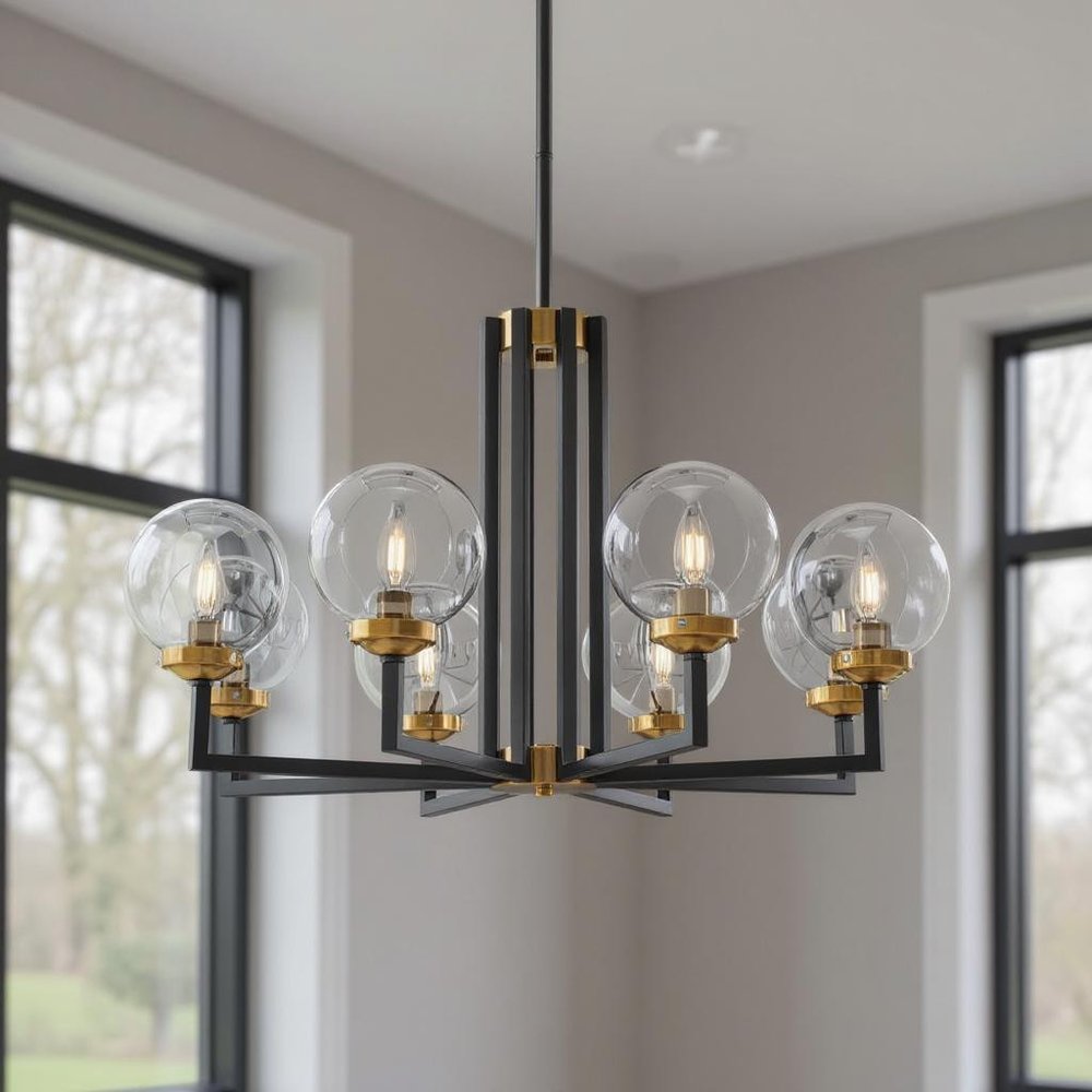 Black Gold And Clear Eight Light Transparent Metal Edison Bulb Dimmable Chandelier With Black And Gold Shades HomeRoots