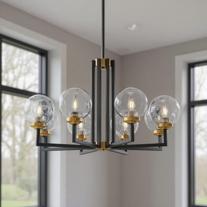 Black Gold And Clear Eight Light Transparent Metal Edison Bulb Dimmable Chandelier With Black And Gold Shades HomeRoots