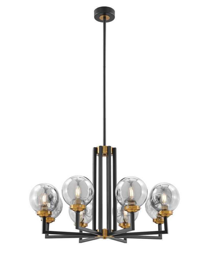 Black Gold And Clear Eight Light Transparent Metal Edison Bulb Dimmable Chandelier With Black And Gold Shades HomeRoots