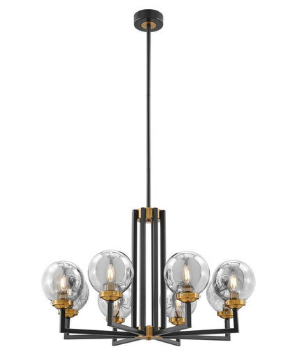 Black Gold And Clear Eight Light Transparent Metal Edison Bulb Dimmable Chandelier With Black And Gold Shades HomeRoots