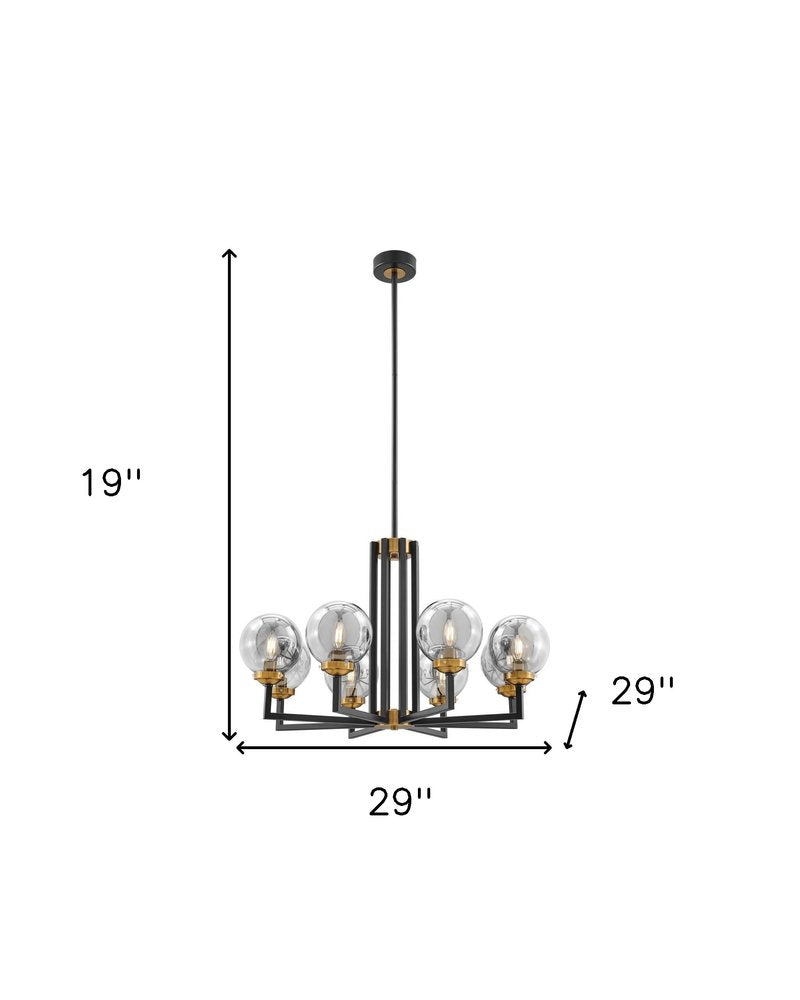 Black Gold And Clear Eight Light Transparent Metal Edison Bulb Dimmable Chandelier With Black And Gold Shades HomeRoots