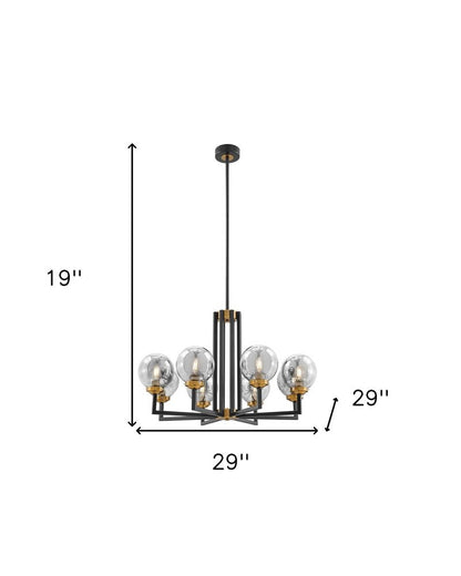 Black Gold And Clear Eight Light Transparent Metal Edison Bulb Dimmable Chandelier With Black And Gold Shades HomeRoots