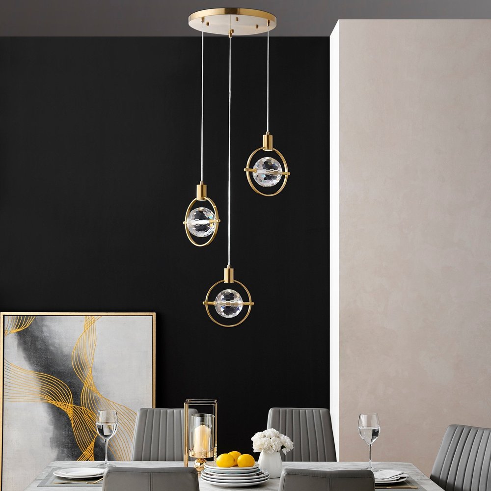 Gold And Clear Geometric Three Light Metal Dimmable Chandelier With Clear Shades HomeRoots