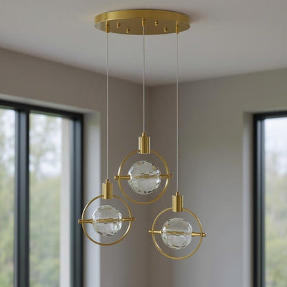 Gold And Clear Geometric Three Light Metal Dimmable Chandelier With Clear Shades HomeRoots