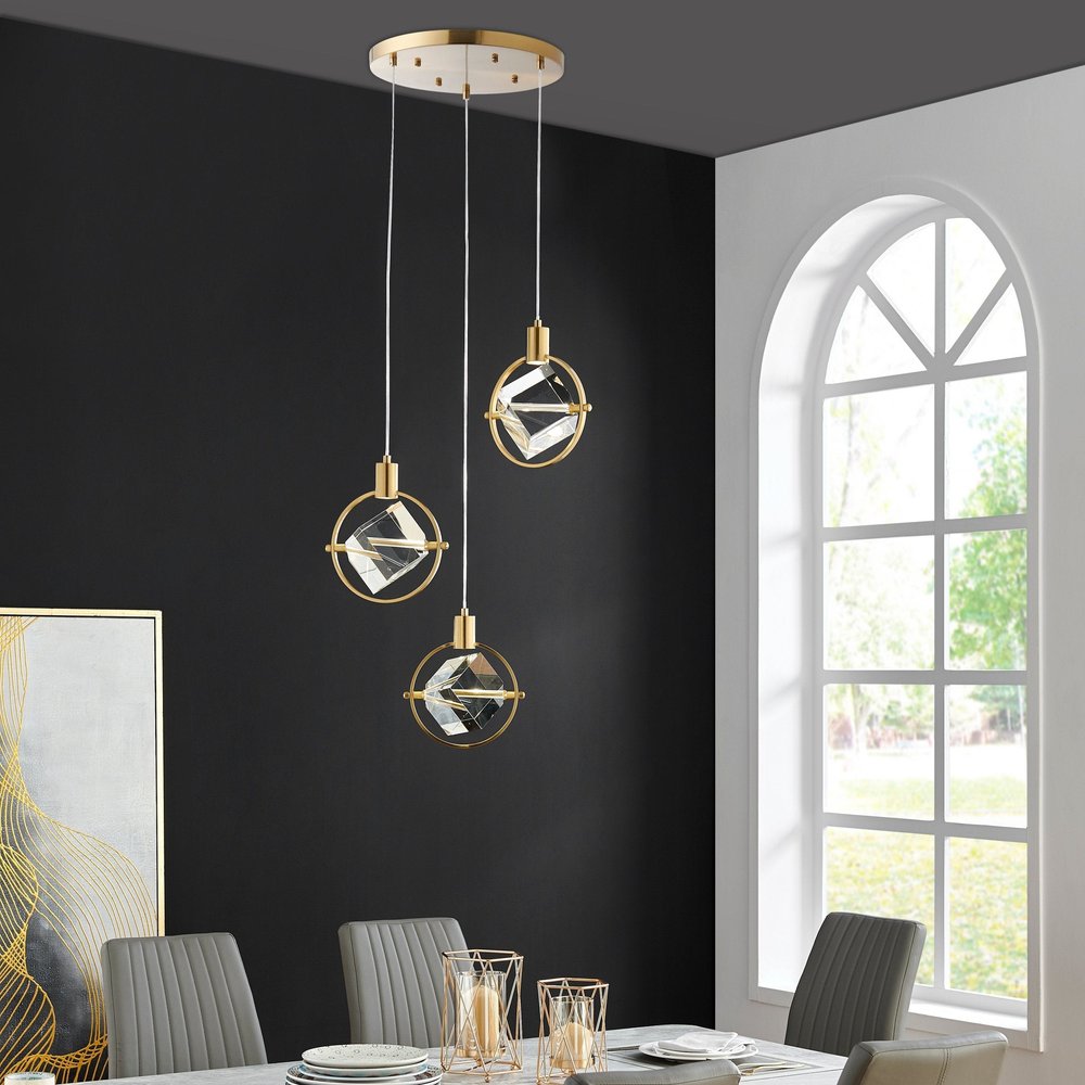 Gold And Clear Geometric Three Light Metal Dimmable Chandelier With Clear Shades HomeRoots