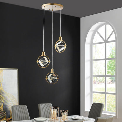 Gold And Clear Geometric Three Light Metal Dimmable Chandelier With Clear Shades HomeRoots