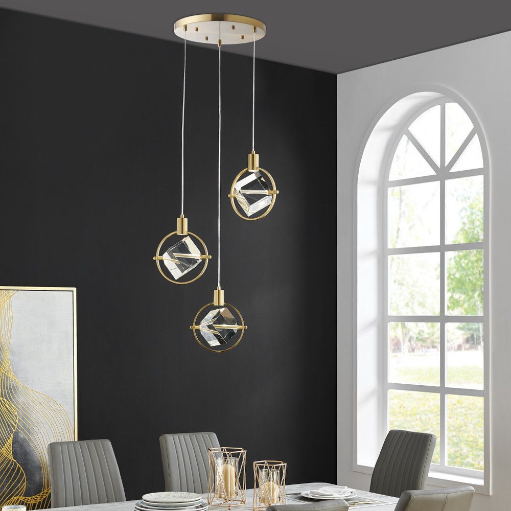 Gold And Clear Geometric Three Light Metal Dimmable Chandelier With Clear Shades HomeRoots