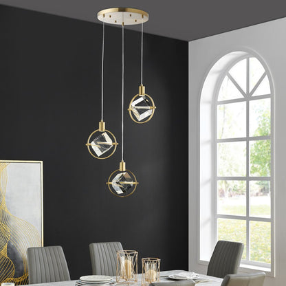 Gold And Clear Geometric Three Light Metal Dimmable Chandelier With Clear Shades HomeRoots