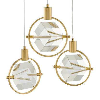 Gold And Clear Geometric Three Light Metal Dimmable Chandelier With Clear Shades HomeRoots