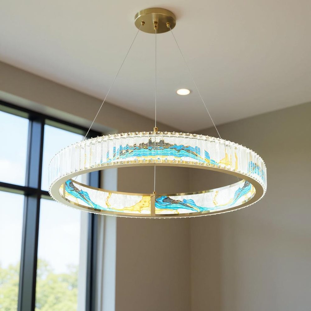 Gold Clear And Blue Geometric Crystal LED Chandelier HomeRoots