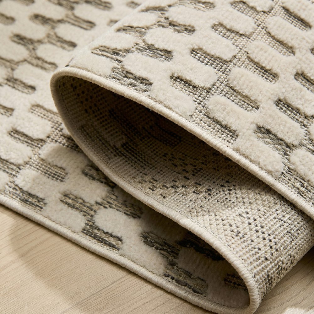 10' Cream and Beige Geometric Distressed Indoor Outdoor Runner Rug — view 5