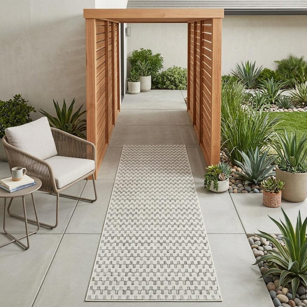 10' Cream and Beige Geometric Distressed Indoor Outdoor Runner Rug
