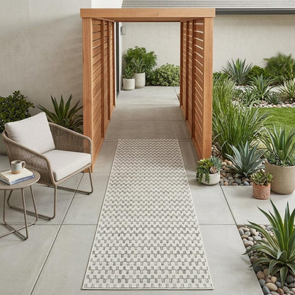 10' Cream and Beige Geometric Distressed Indoor Outdoor Runner Rug HomeRoots