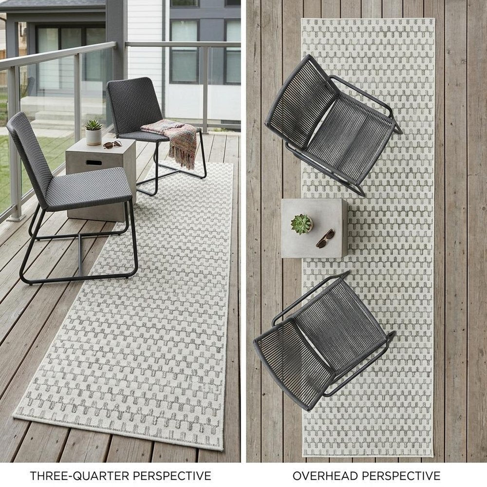 8' Cream and Beige Geometric Distressed Indoor Outdoor Runner Rug — view 4