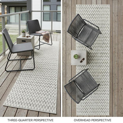 8' Cream and Beige Geometric Distressed Indoor Outdoor Runner Rug HomeRoots