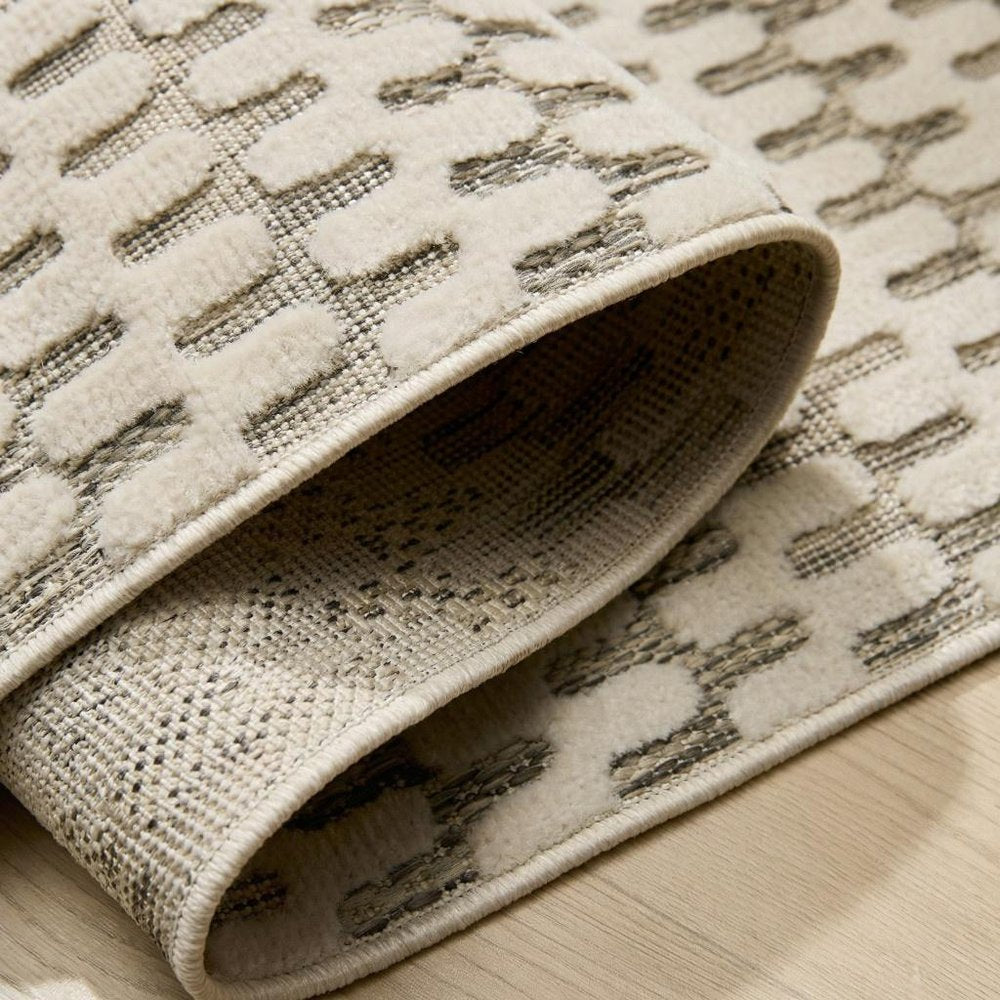 8' Cream and Beige Geometric Distressed Indoor Outdoor Runner Rug HomeRoots