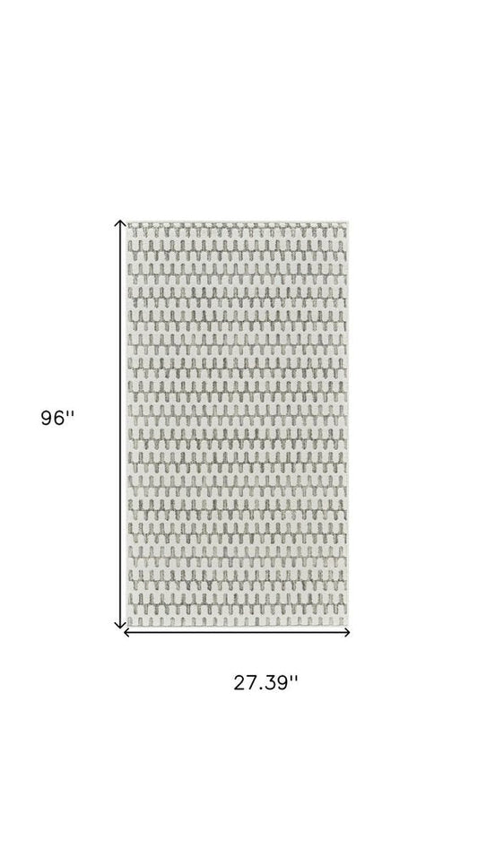 8' Cream and Beige Geometric Distressed Indoor Outdoor Runner Rug