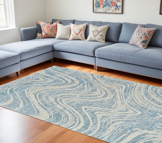 7' X 10' Blue and Beige Abstract Distressed Area Rug - 79.8" (H) x 79.8" (W) x 0.43" (D)